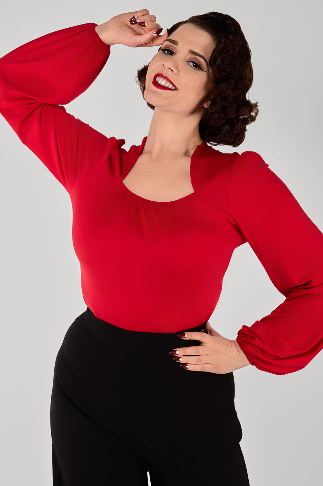 Leslie Red Balloon Sleeve Jersey Top
