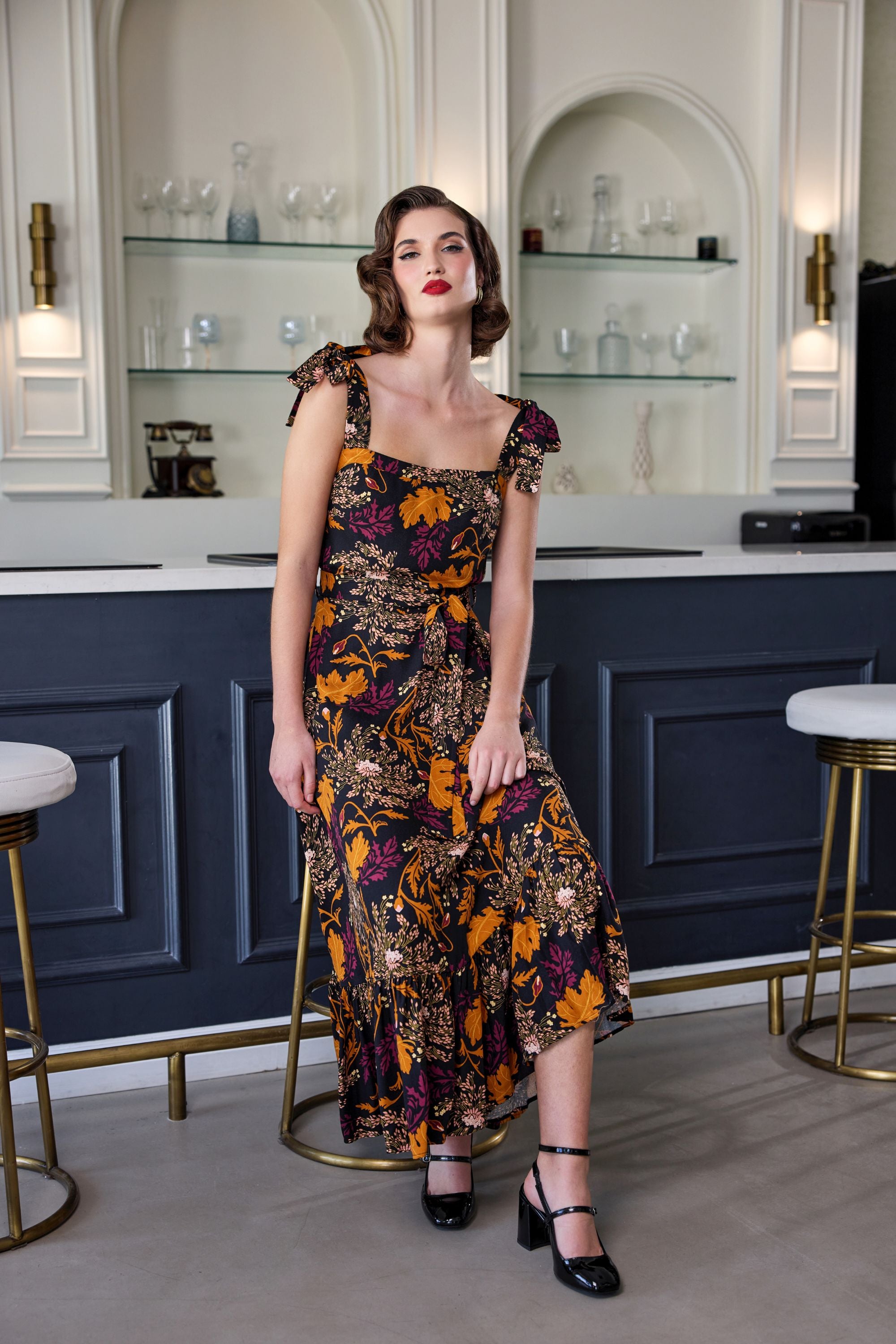 Katrina Gold Leaf Flared Maxi Dress